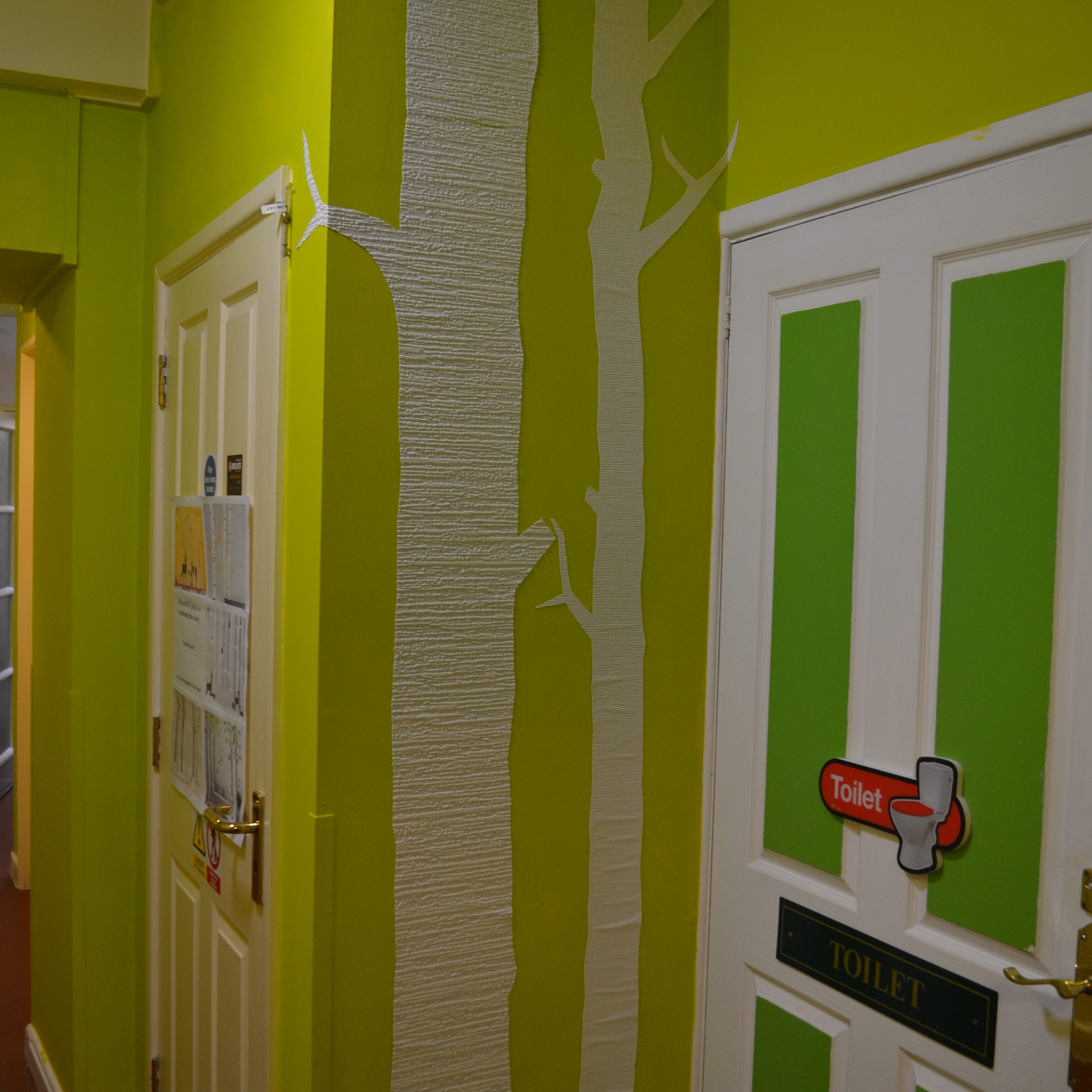 Shows Green painted walls with tree silhouettes.